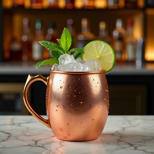 A classic Moscow Mule cocktail in a frosty copper mug with lime, mint garnish.